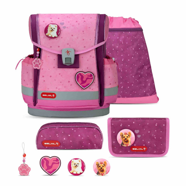 Belmil | Classy Plus ergonomisches Schulranzen-Set 5-teilig "Rosie Hearts" mit Brustgurt, Magnetverschluss, Patch Set 3 Stück | 405-78/AG/S-26