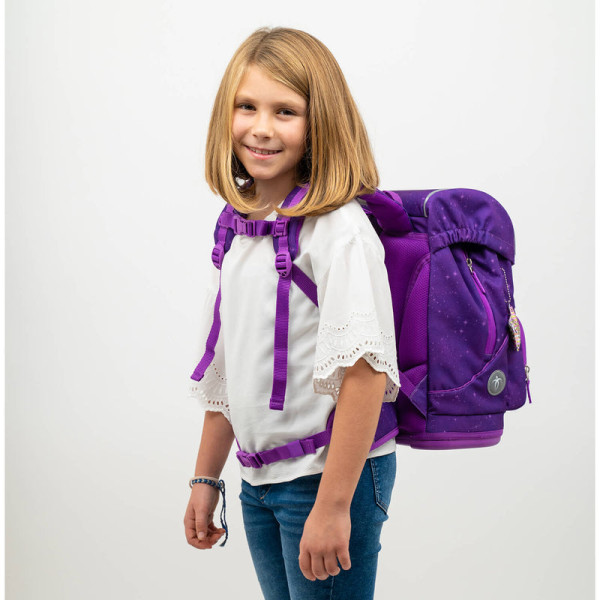Belmil | Motion ergonomisches Schulranzen Set 5-teilig "Purple Sky" aus recyceltem Material mit Brustgurt, Hüftgurt, Magnetverschluss, Patch Set 6 Stück | 405-74/S-24