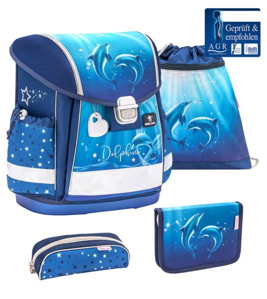 Belmil | Classy ergonomisches Schulranzen-Set 4-teilig "Dolphins" mit Brustgurt | 403-13/AG/S-17