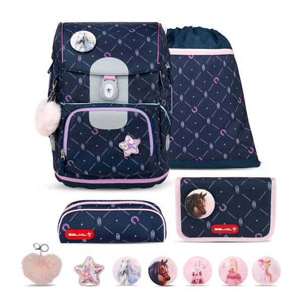 Belmil | Motion ergonomisches Schulranzen Set 5-teilig "Midnight Gallop" aus recyceltem Material mit Brustgurt, Hüftgurt, Magnetverschluss, Patch Set 6 Stück | 405-74/S-25