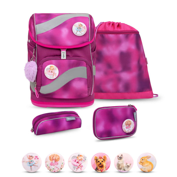 Belmil | Smarty ergonomisches Schulranzen Set 5-teilig "Shiny Pink" mit Brustgurt, Hüftgurt, Magnetverschluss, Patch Set 6 Stück | 405-51/AG/S-28