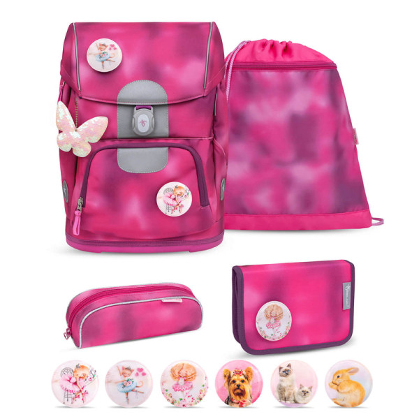 Belmil | Motion ergonomisches Schulranzen Set 5-teilig "Shiny Pink" aus recyceltem Material mit Brustgurt, Hüftgurt, Magnetverschluss, Patch Set 6 Stück | 405-74/S-15