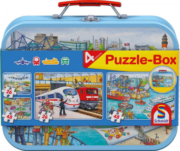 Schmidt-Spiele | Puzzle-Box im Metallkoffer | Verkehrsmittel,Puzzle-Box, 2x26, 2x48 Teile