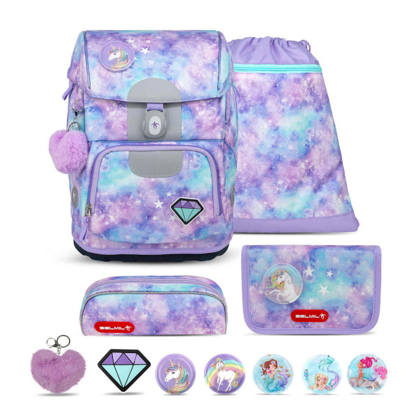 Belmil | Motion ergonomisches Schulranzen Set 5-teilig "Diamond Unicorn" aus recyceltem Material mit Brustgurt, Hüftgurt, Magnetverschluss, Patch Set 6 Stück | 405-74/S-24