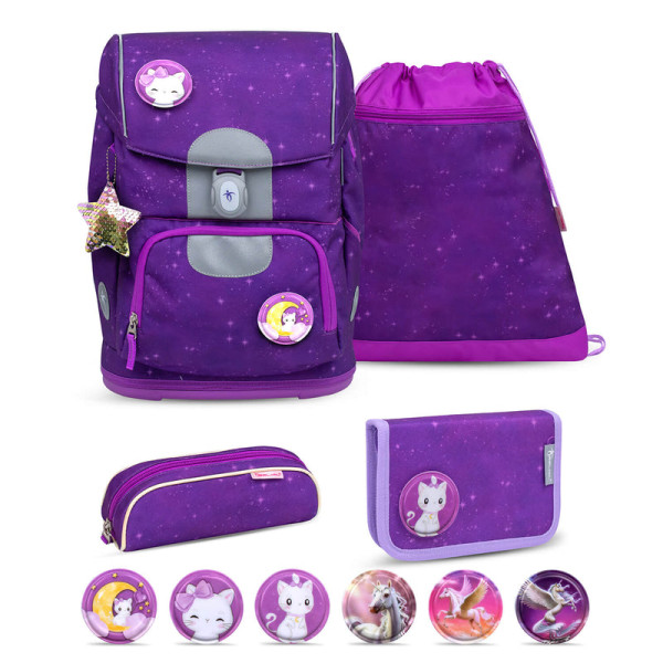 Belmil | Motion ergonomisches Schulranzen Set 5-teilig "Purple Sky" aus recyceltem Material mit Brustgurt, Hüftgurt, Magnetverschluss, Patch Set 6 Stück | 405-74/S-17