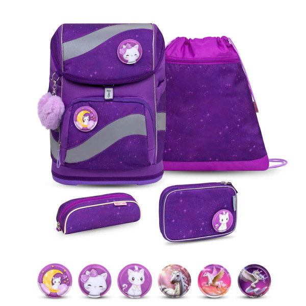 Belmil | Smarty ergonomisches Schulranzen Set 5-teilig "Purple Sky" mit Brustgurt, Hüftgurt, Magnetverschluss, Patch Set 6 Stück | 405-51/AG/S-24