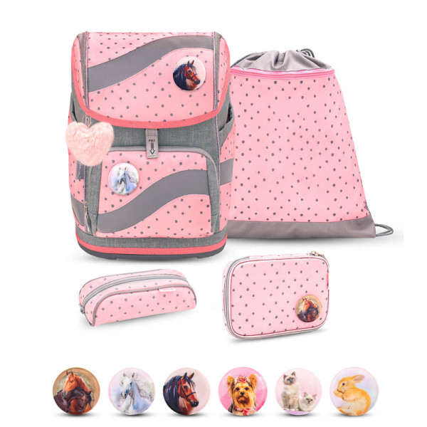 Belmil | Smarty ergonomisches Schulranzen Set 5-teilig "Pink Dots 2" mit Brustgurt, Hüftgurt, Magnetverschluss, Patch Set 6 Stück | 405-51/AG/S-22