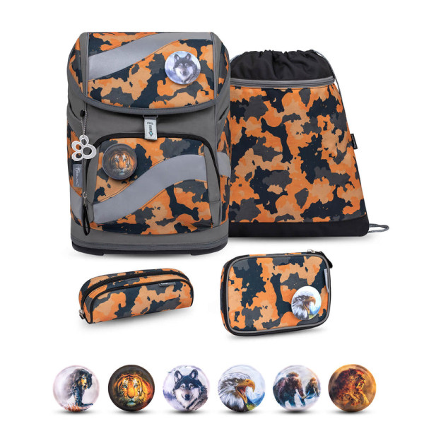 Belmil | Smarty ergonomisches Schulranzen Set 5-teilig "Orange Camouflage" mit Brustgurt, Hüftgurt, Magnetverschluss,Patch Set 6 Stück | 405-51/AG/S-35