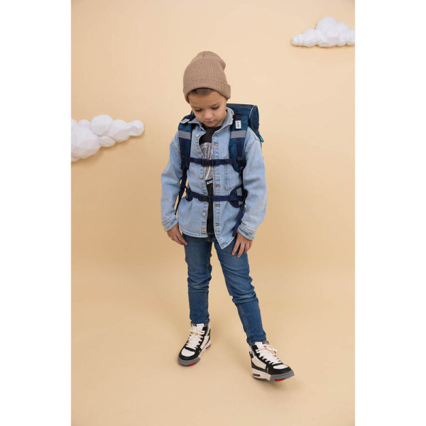 Belmil | Motion ergonomisches Schulranzen Set 5-teilig "Blue Motion" aus recyceltem Material mit Brustgurt, Hüftgurt, Magnetverschluss, Patch Set 6 Stück | 405-74/S-32