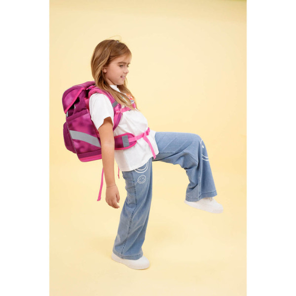 Belmil | Motion ergonomisches Schulranzen Set 5-teilig "Shiny Pink" aus recyceltem Material mit Brustgurt, Hüftgurt, Magnetverschluss, Patch Set 6 Stück | 405-74/S-26