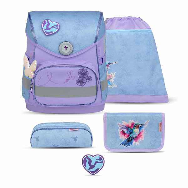 Belmil | Compact ergonomisches Schulranzen-Set 5-teilig "Tropical Hummingbird" mit Brustgurt, Magnetverschluss, einem Patch | 405-41/AG/B/S/3