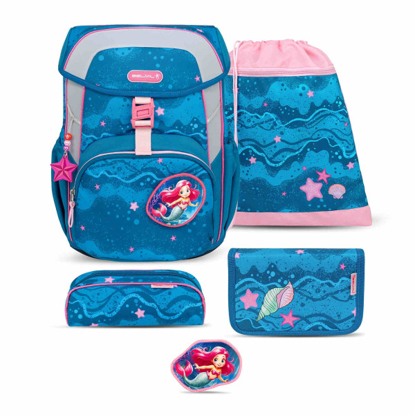 Belmil | Maxi ergonomisches Schulranzen-Set 5-teilig "Mermaid" mit Brustgurt, Magnetverschluss, einem Patch | 405-83/AG/S/3