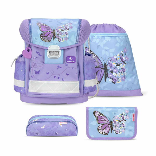 Belmil | Classy ergonomisches Schulranzen-Set 4-teilig "Purple Blue Butterfly" mit Brustgurt | 403-13/AG/S-63