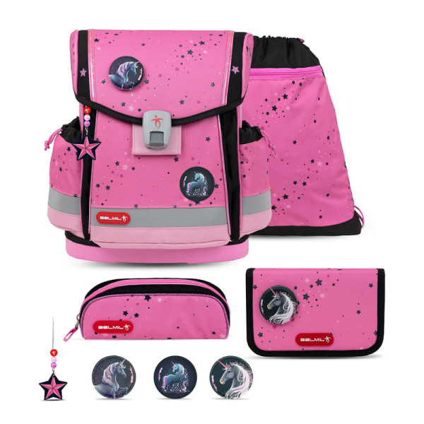 Belmil | Classy Plus ergonomisches Schulranzen-Set 5-teilig "Pink Black" mit Brustgurt, Magnetverschluss, Patch Set 3 Stück | 405-78/AG/S-5