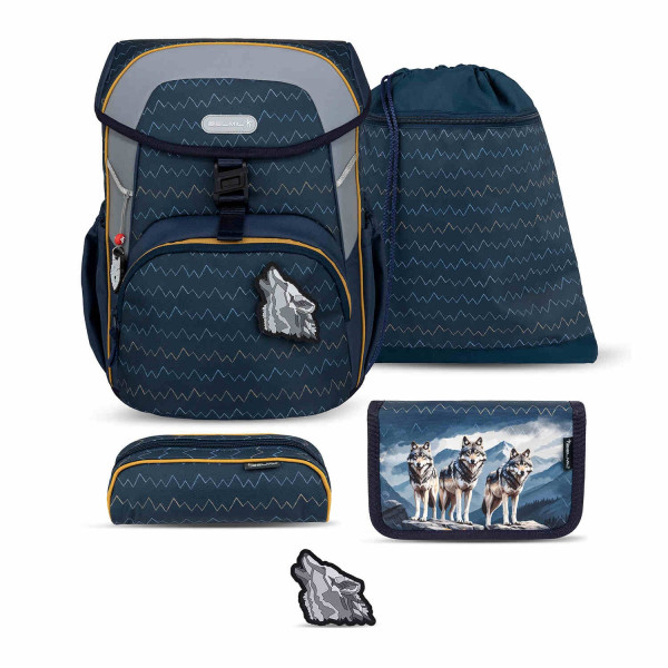Belmil | Maxi ergonomisches Schulranzen-Set 5-teilig "Wolfs" mit Brustgurt, Magnetverschluss, einem Patch | 405-83/AG/S/6