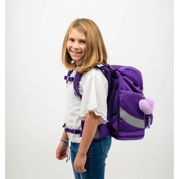 Belmil | Smarty ergonomisches Schulranzen Set 5-teilig "Purple Sky" mit Brustgurt, Hüftgurt, Magnetverschluss, Patch Set 6 Stück | 405-51/AG/S-38
