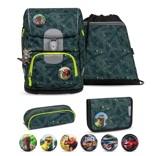 Belmil | Motion ergonomisches Schulranzen Set 5-teilig "Green Splash" aus recyceltem Material mit Brustgurt, Hüftgurt, Magnetverschluss, Patch Set 6 Stück | 405-74/S-22