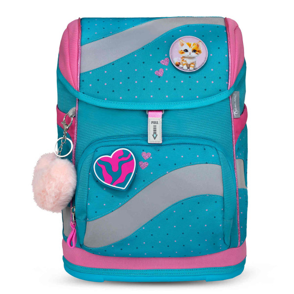 Belmil | Smarty ergonomisches Schulranzen Set 5-teilig "Hearts and Dots" mit Brustgurt, Hüftgurt, Magnetverschluss, Patch Set 6 Stück | 405-51/AG/S-41