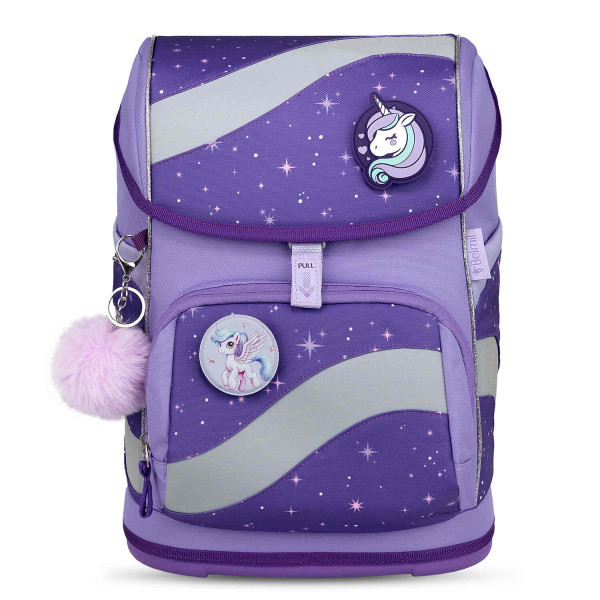 Belmil | Smarty ergonomisches Schulranzen Set 5-teilig "Starlight" mit Brustgurt, Hüftgurt, Magnetverschluss, Patch Set 6 Stück | 405-51/AG/S-37