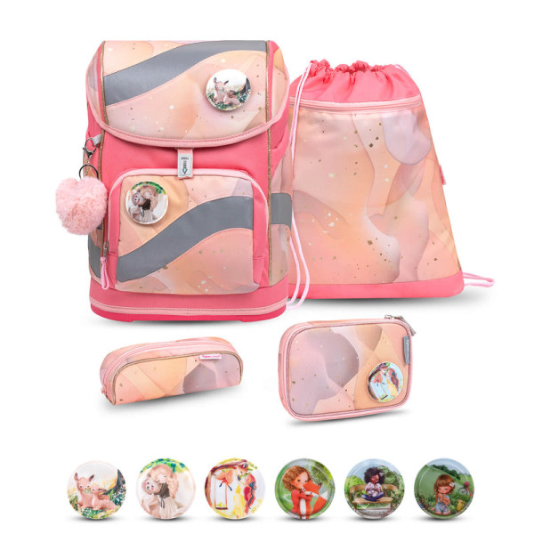 Belmil | Smarty ergonomisches Schulranzen Set 5-teilig "Marble" mit Brustgurt, Hüftgurt, Magnetverschluss, Patch Set 6 Stück | 405-51/AG/S-19