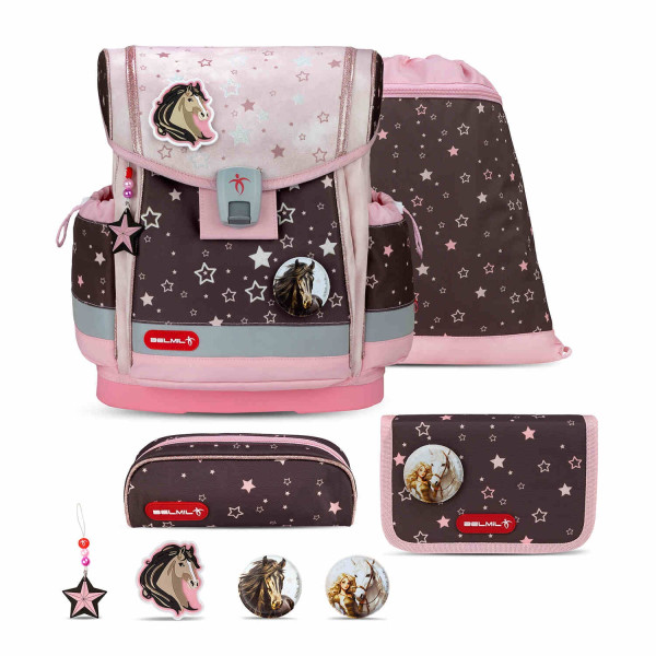 Belmil | Classy Plus ergonomisches Schulranzen-Set 5-teilig "Champion Horses" mit Brustgurt, Magnetverschluss, Patch Set 3 Stück | 405-78/AG/S-22