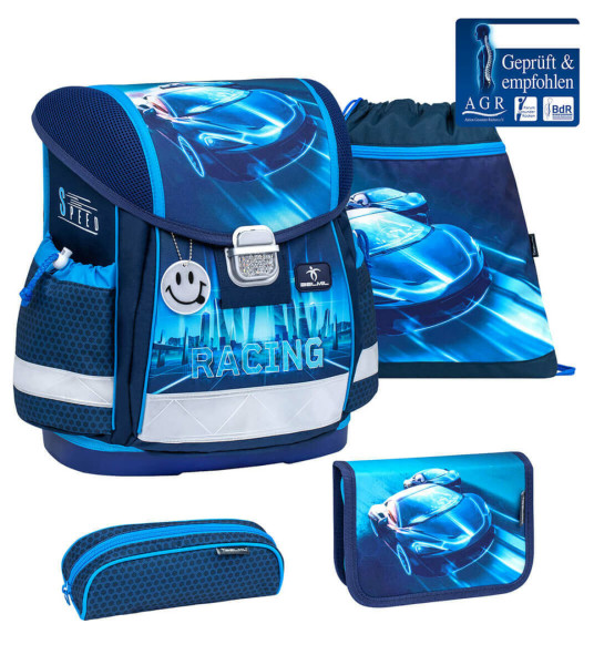 Belmil | Classy ergonomisches Schulranzen-Set 4-teilig "Racing Blue Neon" mit Brustgurt | 403-13/AG/S-27