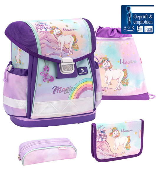 Belmil | Classy ergonomisches Schulranzen-Set 4-teilig "Rainbow Unicorn Magic" mit Brustgurt | 403-13/AG/S-13