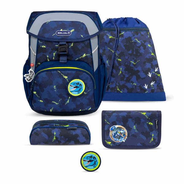 Belmil | Maxi ergonomisches Schulranzen-Set 5-teilig "T-Rexy" mit Brustgurt, Magnetverschluss, einem Patch | 405-83/AG/S/5