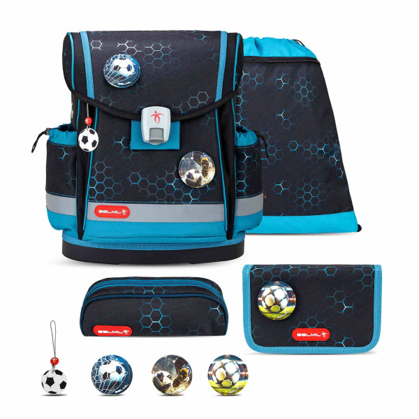 Belmil | Classy Plus ergonomisches Schulranzen-Set 5-teilig "Kick the Ball" mit Brustgurt, Magnetverschluss, Patch Set 3 Stück | 405-78/AG/S-33