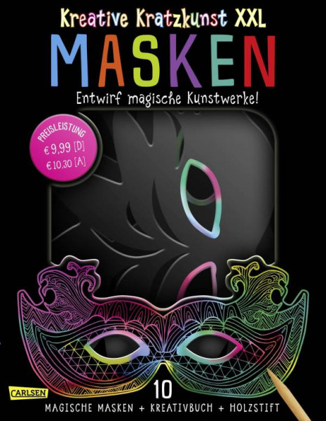 Carlsen | Kreative Kratzkunst XXL: Masken: Set mit 10 Kratz-Masken, Anleitungsbuch und Holzstift