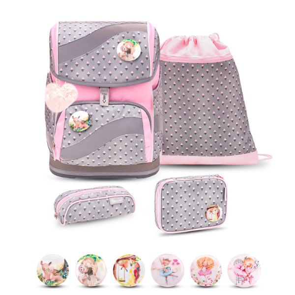 Belmil | Smarty ergonomisches Schulranzen Set 5-teilig "Favourite Pet 2" mit Brustgurt, Hüftgurt, Magnetverschluss, Patch Set 6 Stück | 405-51/AG/S-26