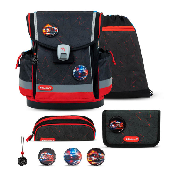 Belmil | Classy Plus ergonomisches Schulranzen-Set 5-teilig "Firefighters Red" mit Brustgurt, Magnetverschluss, Patch Set 3 Stück | 405-78/AG/S-20