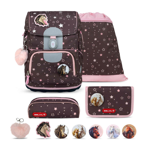 Belmil | Motion ergonomisches Schulranzen Set 5-teilig "Champion Horse" aus recyceltem Material mit Brustgurt, Hüftgurt, Magnetverschluss, Patch Set 6 Stück | 405-74/S-23