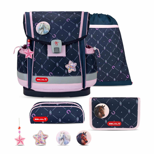 Belmil | Classy Plus ergonomisches Schulranzen-Set 5-teilig "Midnight Gallop" mit Brustgurt, Magnetverschluss, Patch Set 3 Stück | 405-78/AG/S-29