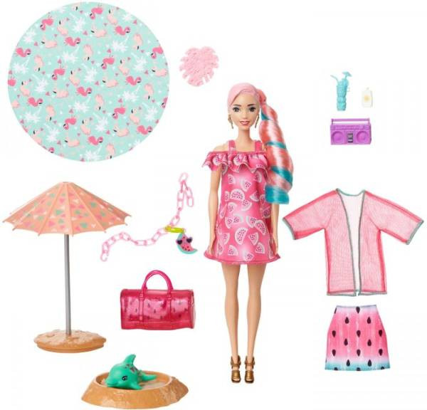Barbie in einem pinken Kleid mit Melonenmotiv