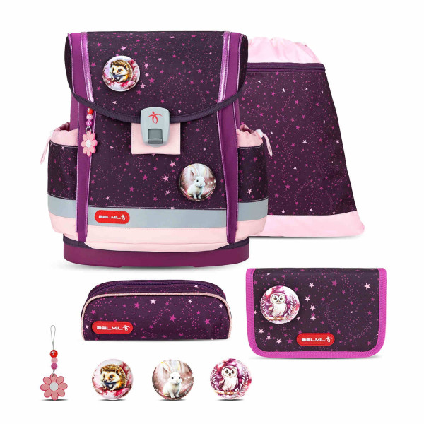Belmil | Classy Plus ergonomisches Schulranzen-Set 5-teilig "Magical Stars" mit Brustgurt, Magnetverschluss, Patch Set 3 Stück | 405-78/AG/S-23