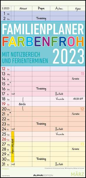 Neumann Verlage GmbH & Co. KG | Familienplaner Farbenfroh 2023 mit 4 Spalten - Familien-Timer 22x45 cm - Offset-Papier - mit Ferienterminen - Wand-Planer - Familienkalender - Alpha Edition | 