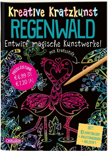 Carlsen | Kreative Kratzkunst: Regenwald: Set mit 10 Kratzbildern, Anleitungsbuch und Holzstift