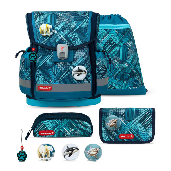 Belmil | Classy Plus ergonomisches Schulranzen-Set 5-teilig "Ice Blue" mit Brustgurt, Magnetverschluss, Patch Set 3 Stück | 405-78/AG/S-11