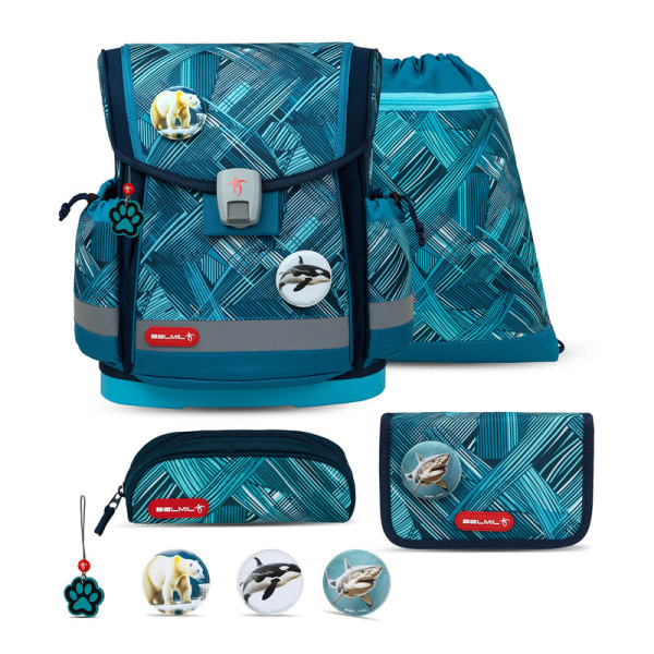 Belmil | Classy Plus ergonomisches Schulranzen-Set 5-teilig "Ice Blue" mit Brustgurt, Magnetverschluss, Patch Set 3 Stück | 405-78/AG/S-11