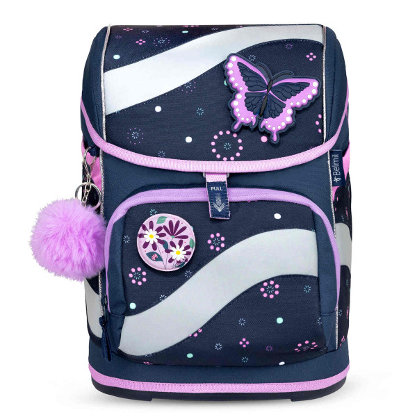 Belmil | Smarty ergonomisches Schulranzen Set 5-teilig "Flowers Blue" mit Brustgurt, Hüftgurt, Magnetverschluss, Patch Set 6 Stück | 405-51/AG/S-38