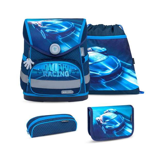 Belmil | Compact ergonomisches Schulranzen-Set 4-teilig "Racing Blue Neon" mit Brustgurt, Magnetverschluss | 405-41/AG/S-34