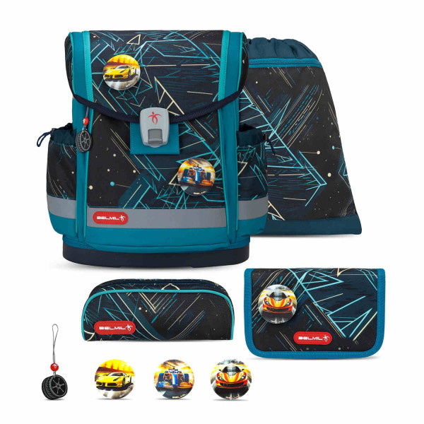 Belmil | Classy Plus ergonomisches Schulranzen-Set 5-teilig "Racing Car Blue" mit Brustgurt, Magnetverschluss, Patch Set 3 Stück | 405-78/AG/S-32