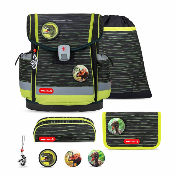 Belmil | Classy Plus ergonomisches Schulranzen-Set 5-teilig "Prehistoric Times" mit Brustgurt, Magnetverschluss, Patch Set 3 Stück | 405-78/AG/S-35