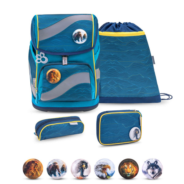 Belmil | Smarty ergonomisches Schulranzen Set 5-teilig "Waves Orange" mit Brustgurt, Hüftgurt, Magnetverschluss, Patch Set 6 Stück | 405-51/AG/S-40