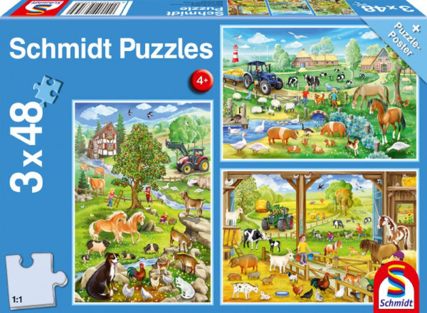 Schmidt-Spiele | Kinderpuzzle Standard 3x24 Teile | Bauernhof, 3x48 Teile