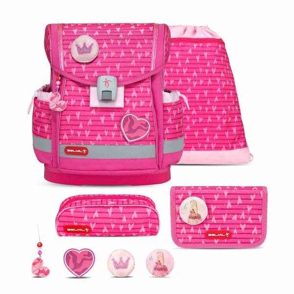 Belmil | Classy Plus ergonomisches Schulranzen-Set 5-teilig "Princess" mit Brustgurt, Magnetverschluss, Patch Set 3 Stück | 405-78/AG/S-31