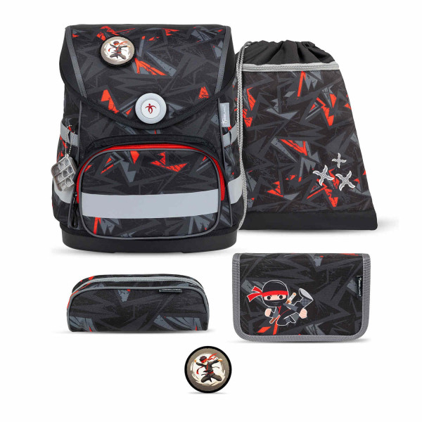 Belmil | Compact ergonomisches Schulranzen-Set 5-teilig "Ninja" mit Brustgurt, Magnetverschluss, einem Patch | 405-41/AG/B/S/6