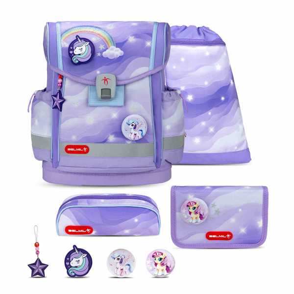 Belmil | Classy Plus ergonomisches Schulranzen-Set 5-teilig "Over the Rainbow" mit Brustgurt, Magnetverschluss, Patch Set 3 Stück | 405-78/AG/S-24