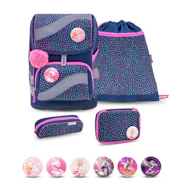 Belmil | Smarty ergonomisches Schulranzen Set 5-teilig "Amazing Polka Dot 2" mit Brustgurt, Hüftgurt, Magnetverschluss, Patch Set 6 Stück | 405-51/AG/S-27